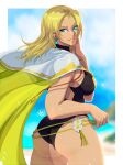 absurd_res alluring ass beach big_breasts blonde_hair blue_eyes cape earrings fire_emblem fire_emblem:_the_sacred_stones fire_emblem_heroes hand_on_own_cheek hand_on_own_face high_res intelligent_systems jewelry looking_at_viewer medium_hair nintendo official_alternate_costume parted_bangs raised_eyebrow selena_(fire_emblem:_the_sacred_stones) selena_(summer)_(fire_emblem:_the_sacred_stones) sideboob signature smile swimsuit thighs tovio_rogers
