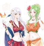 2_girls alluring bare_shoulders bikini bikini_skirt bird blue_shawl blush brown_eyes cleavage closed_mouth collarbone elincia_ridell_crimea elincia_ridell_crimea_(summer) fingerless_gloves fire_emblem fire_emblem:_path_of_radiance fire_emblem:_radiant_dawn fire_emblem_heroes flower gloves green_hair grey_hair hair_flower hair_ornament hair_ribbon helen_(helen2210hk) hibiscus high_res intelligent_systems long_hair looking_at_viewer medium_breasts micaiah_(fire_emblem) micaiah_(wavecrest_maiden)_(fire_emblem) multiple_girls navel nintendo off-shoulder_bikini off_shoulder official_alternate_costume open_mouth orange_bikini orange_sarong red_bikini red_gloves ribbon sarong see-through_clothes see-through_sarong shawl short_sleeves simple_background smile stomach swimsuit yellow_eyes yune_(fire_emblem)