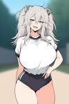 1girl :d ai_generated breasts buruma gym_uniform hand_on_waist hololive hololive_japan huge_breasts looking_at_viewer outside shishiro_botan tensor_art thighs virtual_youtuber