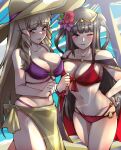1340smile 2_girls alluring bare_shoulders big_breasts bikini black_hair cleavage fire_emblem fire_emblem_awakening fire_emblem_heroes fire_emblem_warriors hat high_res intelligent_systems light_brown_hair long_hair looking_at_viewer multiple_girls nintendo one_eye_closed sumia_(fire_emblem) swimsuit tharja tharja_(fire_emblem) tharja_(summer)_(fire_emblem) twin_tails wink