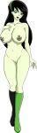 1girl ale-mangekyo ale-mangekyo_(artist) alternate_breast_size arm_at_side asymmetrical_boots asymmetrical_footwear bangs black_boots black_footwear black_hair black_lipstick boots breasts cleavage collarbone completely_nude completely_nude_female disney earrings eyes_visible_through_hair female_only female_solo footwear full_body green_boots green_eyes green_footwear green_hairband green_skin hair_between_eyes hair_ornament hairband hand_on_chest hand_up happy head_tilt huge_breasts jewelry kim_possible legs legs_together lips lipstick long_hair looking_at_viewer makeup mound_of_venus naked_boots naked_footwear navel neck necklace nipples nude nude_female open_mouth pale-skinned_female pale_skin pussy shaved_pussy shego smile standing straight_hair stud_earrings supervillainess swept_bangs teenage_girl thick_thighs thighs transparent_background uncensored villain