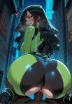 1boy1girl 1girl ai_generated alley ass bodysuit curvy curvy_female curvy_figure dark-skinned_male kim_possible long_hair night night_sky reverse_cowgirl_position sex shego