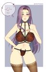1girl 1girl 1girl alluring alternate_costume bare_thighs big_breasts blue_eyes bride brown_panties collarbone cryptid_crab earrings english_text fire_emblem fire_emblem_echoes:_shadows_of_valentia intelligent_systems lingerie lips long_hair looking_at_viewer nintendo panties purple_hair ring smile solo_female sonya_(fire_emblem) stockings text thick_thighs very_long_hair wedding_ring