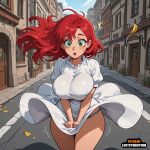 1girl absurdress ai ai-created ai_generated big_breasts cartoon covering_privates curvaceous ecchi green_eyes long_hair luststudio original public red_hair stockings thick_thighs wide_hips wind_lift