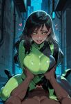 1boy1girl 1girl ai_generated alley bodysuit breast_grab cowgirl_position curvy curvy_female curvy_figure dark-skinned_male kim_possible long_hair night night_sky sex shego