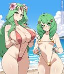 1girl 2_girls alluring beach big_breasts bikini fire_emblem fire_emblem:_three_houses flayn_(fire_emblem) golden_bikini green_hair intelligent intelligent_systems looking_at_viewer micro_bikini rhea_(fire_emblem) scrimblocrimbo sling_bikini slingshot_swimsuit swimsuit systems wide_hips