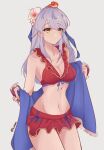 1girl 1girl alluring animal animal_on_head bare_shoulders bikini bikini_skirt bird bird_on_head blue_scarf cleavage collarbone cowboy_shot fire_emblem fire_emblem:_radiant_dawn fire_emblem_heroes flower front-tie_bikini_top front-tie_top gloves grey_background grey_hair groin hair_flower hair_ornament hair_ribbon high_res intelligent_systems long_hair medium_breasts micaiah_(fire_emblem) micaiah_(wavecrest_maiden)_(fire_emblem) miniskirt navel nintendo official_alternate_costume on_head red_bikini red_gloves red_scarf ribbon scarf serafineart1001 simple_background skirt smile swimsuit towel twitter_username yellow_eyes yune_(fire_emblem)