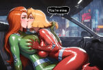 2_girls arm_at_side arm_support asymmetrical_docking big_breasts blonde_female blonde_hair blue_eyes blush bob_cut bodysuit breast_grab breast_press breasts car car_interior city cityscape clover_(totally_spies) couple duo english_text eye_contact female/female female_only friends girl_on_top grabbing grabbing_another's_breast green_bodysuit green_eyes hair_grab hair_pull half-closed_eyes huge_breasts indoors kissing lips lipstick long_hair looking_at_another love multiple_girls mutual_yuri neck night night_sky orange_hair pink_lipstick pulling rain red_bodysuit romantic romantic_couple saliva sam_(totally_spies) seductivequeen seductivequeen_(artist) short_hair sitting sitting_on_person skin_tight sky speech_bubble straight_hair talking text totally_spies yuri