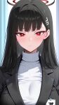 1girl ai_generated black_hair blue_archive blush breasts halo huge_breasts light-skinned_female light_skin long_hair looking_at_viewer nikumist red_eyes rio_tsukatsuki_(blue_archive) turtleneck
