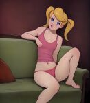 1girl 1girl ai_generated bikini blonde_hair blue_eyes bra charles2001 couch disney female_only katrina_van_tassel lipstick panties room the_adventures_of_ichabod_and_mr._toad twin_tails