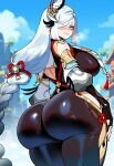 1girl ai_generated ass bodysuit curvy curvy_female curvy_figure genshin_impact long_hair shenhe_(genshin_impact) silver_hair