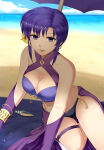 1girl 1girl alluring asumokoubou beach beach_towel beach_umbrella big_breasts bikini blue_sky cleavage cloud collarbone commentary_request criss-cross_halter day earrings female_focus fire_emblem fire_emblem:_the_blazing_blade fire_emblem_heroes flower hair_flower hair_ornament halterneck high_res intelligent_systems jewelry kneel nintendo ocean purple_bikini purple_eyes purple_hair purple_sarong sarong short_hair sky swimsuit thigh_strap towel umbrella ursula_(fire_emblem) ursula_(summer)_(fire_emblem)