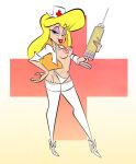 1girl 1girl animaniacs blonde_hair breasts hello_nurse heloise_nerz lipstick nipples nurse open_shirt panties red_lipstick stockings syringe tagme themrock topless warner_brothers