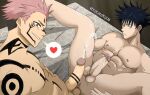 2boys black_hair cum cum_on_abs cumming cumshot erect_penis fushiguro_megumi itadori_yuuji jujutsu_kaisen male male/male nekokuromochi nude nude_male penis pink_hair ryoumen_sukuna_(jujutsu_kaisen) yaoi yaoi