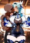 1boy1girl 1girl ai_generated blue_hair breast_grab curvy curvy_female curvy_figure dark-skinned_male eula_(genshin_impact) genshin_impact groping_breasts groping_from_behind kissing long_hair