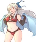 1girl 1girl :d absurd_res adapted_costume alluring bare_shoulders bikini black_gloves blue_cape cape clothing_cutout collarbone cowboy_shot fire_emblem fire_emblem:_radiant_dawn fire_emblem_heroes gloves gluteal_fold groin hair_ribbon half_updo high_res holding holding_unworn_cape holding_unworn_clothes innertube intelligent_systems long_hair looking_at_viewer medium_breasts mia_(fire_emblem) mia_(summer)_(fire_emblem) micaiah_(fire_emblem) navel nintendo official_alternate_costume open_mouth red_bikini ribbon silver_hair simple_background smile standing swim_ring swimsuit teeth transparent_background tridisart under_boob underboob_cutout unworn_cape white_background yellow_eyes