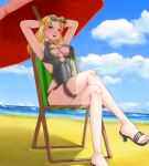 1girl alluring arms_behind_head beach black_sandals blonde_hair blue_eyes blue_sky chair cleavage cloud crossed_legs earrings feet female_focus fire_emblem fire_emblem:_the_sacred_stones fire_emblem_heroes high_heel_sandals high_heels high_res jewelry medium_breasts medium_hair nintendo ocean official_alternate_costume one-piece_bikini one_eye_closed parted_bangs razorkun red_lips sandals selena_(fire_emblem:_the_sacred_stones) selena_(summer)_(fire_emblem:_the_sacred_stones) shade sitting sky smile sunglasses sunglasses_on_head swimsuit thigh_strap toes umbrella water wink