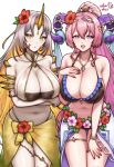 2_girls alluring arms_under_breasts big_breasts bikini black_bikini blonde_hair cleavage colored_inner_hair crossed_arms female_focus fire_emblem fire_emblem_heroes flower goat_horns grey_hair gullveig_(fire_emblem) gullveig_(summer)_(fire_emblem) hair_flower hair_ornament hand_on_own_chest hand_on_own_thigh high_res horns intelligent_systems jewelry leaning_forward long_hair looking_at_viewer multicolored_hair multiple_girls navel nerthuz_(fire_emblem) nerthuz_(summer)_(fire_emblem) nintendo official_alternate_costume pendant pink_hair ponytail purple_eyes rotomdocs sarong simple_background smile swimsuit thighlet very_long_hair white_background white_bikini yellow_eyes yellow_sarong