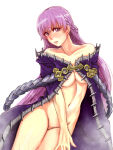 1girl absurdly_long_hair alluring blush cape cleavage cloak dress embarrassed female_focus fire_emblem fire_emblem:_the_binding_blade groin high_res intelligent_systems long_hair looking_at_viewer medium_breasts naked_cape naked_cloak navel nintendo nude parted_lips pocari66 purple_eyes purple_hair simple_background sophia_(fire_emblem) uncensored under_boob very_long_hair white_background