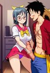 1boy 1girl abs ai_generated black_hair blue_hair blush bow breasts brown_eyes crossover erection glasses handjob hat hetero himenohara_suzuran indoors kanojo_x_kanojo_x_kanojo large_penis looking_at_another looking_at_penis monkey_d._luffy one_piece open_clothes open_mouth open_shirt panties penis penis_grab purple_panties sailor_collar scar scar_on_chest scar_on_face school_uniform serafuku shirt short_hair skirt smile straw_hat trewg001 uncensored underwear veins veiny_penis