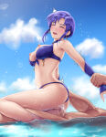 1girl :d alluring bikini bikini_bottom_aside blue_bikini blue_sky blue_sleeves blush breasts_out censored closed_eyes clothing_aside cloud day detached_sleeves fire_emblem fire_emblem:_the_blazing_blade fire_emblem_heroes from_below girl_on_top hetero holding_another's_wrist intelligent_systems mosaic_censoring nintendo nipples open_mouth outside penis purple_hair pussy sex shiny_skin short_hair sidelocks sky smile solo_focus swimsuit thor_(deep_rising) ursula_(fire_emblem) ursula_(summer)_(fire_emblem) vaginal