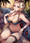1girl absurd_res alluring alternate_costume athletic_female bare_legs big_breasts bikini blonde_hair blue_bikini blue_eyes blue_swimsuit bracelet brown_hair cleavage dark_blonde dark_blonde_hair dirty_blonde dirty_blonde_hair eating evomanaphy eyewear_on_head female_abs fire_emblem fire_emblem_heroes fit_female flower food freckles grima_(fire_emblem) hair_flower hair_ornament high_res ice_cream ice_cream_on_breasts image inflatable_toy intelligent_systems jewelry kiran_(fire_emblem) kiran_(fire_emblem)_(female) looking_at_viewer medium_hair navel necklace nintendo popsicle sand sandy_blonde sandy_blonde_hair sitting skindentation source_larger sunglasses sunlight swimsuit wet