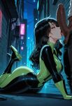 1boy1girl 1girl ai_generated alley bodysuit curvy curvy_female curvy_figure dark-skinned_male erect_penis fellatio kim_possible licking_penis long_hair night night_sky sex shego