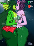 2girls areola breast_press cala_maria crossover cuphead_(game) curvaceous curvy female giga_mermaid green_skin kaywest kissing merfolk mermaid purple_skin scar shantae shantae:_half-genie_hero topless underwater wide_hips yuri