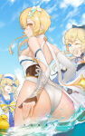 1girl 3_girls absurd_res adapted_costume alluring alternate_costume ass barbara_(genshin_impact) barbara_(summertime_sparkle)_(genshin_impact) bare_shoulders blonde_hair blue_eyes blue_sky bow bowtie cloud cloudy_sky day flower from_behind genshin_impact hair_flower hair_ornament hairbow hat high_res jean_gunnhildr jean_gunnhildr_(sea_breeze_dandelion) looking_at_viewer looking_back lumine_(genshin_impact) multiple_girls nun ocean one-piece_swimsuit one_eye_closed open_mouth partially_submerged rubber_duck siblings sidelocks silf silfs sisters sky smile snowbunny_heaven summer swimsuit swimwear twin_tails vambraces water white_swimsuit xiaoguifeng yellow_eyes
