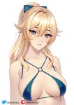1girl 1girl alluring artist_name artist_signature bangs bikini blonde_hair blue blue_eyes blush bow clavicle genshin_impact hair hair_between_eyes hairbow halter halterneck helloimtea jean_gunnhildr long_hair looking_at_viewer o-ring parted_lips ponytail sidelocks simple_background swimsuit swimwear