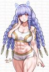 1girl 1girl abs alluring alternate_costume athletic_female bare_shoulders big_breasts blue_hair blush body_markings braid cleavage collarbone female_abs fire_emblem fire_emblem_heroes fit_female hair_ornament heidrun_(fire_emblem) high_res intelligent_systems long_hair looking_at_viewer multiple_braids muscular muscular_female nintendo open_mouth red_eyes rotomdocs shorts smile sports_bra sportswear very_long_hair white_shorts white_sports_bra workout_clothes