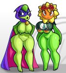 1girl anthro anthro_only areola blue_eyes bottomless breasts brown_eyes cape clothing doregami duo electronic_arts elemental_creature eyewear eyewear_on_head flora_fauna flower flower_creature genitals goggles goggles_on_head green_areola green_body green_nipples green_shadow green_shadow_(pvz) green_skin high_res mask nipples no_bra nude orange_areola orange_nipples peashooter_(pvz) plant plantie plants_vs.l_zombies_heroes plants_vs_zombies popcap_games pussy see-through solar_flare_(pvz) standing sunflower_(pvz) topwear under_boob
