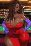 1girl 1girl african_female ai_generated big_breasts black_woman brown_eyes brown_hair cleavage dark-skinned_female dark_skin dreadlocks dress earrings evening_gloves evening_gown gloves hair_over_one_eye hand_on_hip huge_breasts jessica_rabbit_(cosplay) long_hair looking_at_viewer original original_character red_dress solo_female thick thick_lips thick_thighs thighs