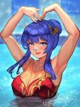 alluring alternate_costume alternate_hairstyle arms_up blue_eyes blue_hair caeda_(fire_emblem) dancing fire_emblem fire_emblem:_shadow_dragon_and_the_blade_of_light fire_emblem_warriors grin hair_bun intelligent_systems looking_at_viewer nintendo nose_clip outside partially_submerged performance performing pool posing r123 red_swimsuit smile sparkles swimming swimming_pool synchronized_swimming water wet