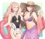 2_girls alluring bare_arms bare_shoulders big_breasts bikini black_one-piece_bikini brown_hair cleavage commentary cowboy_shot felicia_(fire_emblem) fire_emblem fire_emblem_awakening fire_emblem_fates grin hat high_res holding holding_towel long_hair looking_at_viewer medium_breasts multiple_girls navel nintendo one-piece_bikini pink_hair ponytail purple_bikini sarong shg_(hiomaika) smile standing stomach sumia_(fire_emblem) sun_hat swimsuit thighs towel very_long_hair