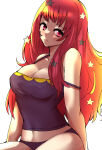 1340smile 1girl 1girl absurd_res alluring bare_arms bare_shoulders blush cleavage collarbone crop_top facial_mark fire_emblem fire_emblem_engage hair_ornament high_res intelligent_systems long_hair looking_at_viewer medium_breasts navel nintendo red_eyes red_hair simple_background spaghetti_strap star_(symbol) star_hair_ornament strap_slip yunaka_(fire_emblem)