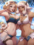1girl 3_girls :d ;d absurd_res alluring alternate_costume animal_ears ash_(fire_emblem) bare_shoulders beach big_breasts bikini blonde_hair blue_bikini blue_sky blue_swimsuit brown_eyes brown_hair cleavage cow_ears cow_girl cow_tail dark-skinned_female dark_skin ear_piercing evomanaphy eyewear_on_head female_only fire_emblem fire_emblem_cipher fire_emblem_heroes flower freckles grey_hair grin groin hair_flower hair_ornament heart high_res horns intelligent_systems jewelry kiran_(fire_emblem) kiran_(fire_emblem)_(female) long_hair looking_at_viewer multiple_girls navel nintendo official_alternate_costume one_eye_closed piercing sharena_(fire_emblem) short_hair sky smile sunglasses swimsuit tail v white_bikini white_swimsuit