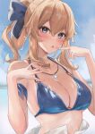 1girl 1girl 1girs alluring aoiichimaki_(cmk333) bikini blonde_hair blush cleavage genshin_impact grey_eyes high_res jean_gunnhildr looking_at_viewer necklace ponytail ribbon wet