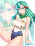 1girl alluring alternate_costume aqua_hair big_breasts blue_one-piece_bikini braid chloe_(fire_emblem) covered_navel etchimune fire_emblem fire_emblem_engage green_eyes long_hair looking_at_viewer nintendo one-piece_bikini side_braid smile swimsuit thighs two-tone_bikini very_long_hair white_one-piece_bikini