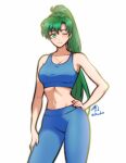 1girl 1girl ;) alternate_costume bare_shoulders big_breasts commission fire_emblem fire_emblem:_the_blazing_blade fire_emblem_warriors green_eyes green_hair gym_clothes hand_on_own_hip intelligent_systems ko-fi_commission long_hair looking_at_viewer lyn lyn_(fire_emblem) lyndis lyndis_(fire_emblem) navel nintendo one_eye_closed pants rotomdocs smile sports_bra sportswear