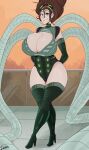 1girl 1girl arms_behind_back big_breasts big_breasts big_hair breasts brown_hair cleavage crossed_legs detnox dr._octopus female_only goggles goggles_on_head looking_at_viewer marvel olivia_octavius outside spider-man:_into_the_spider-verse spider-man_(series) stockings tentacle wide_hips