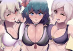 1girl 3_girls :3 ;d alluring alternate_costume asymmetrical_docking big_breasts bikini black_bikini black_swimsuit blue_eyes blush breast_press breast_size_difference brown_eyes byleth_(fire_emblem) byleth_(fire_emblem)_(female) cleavage corrin_(fire_emblem) corrin_(fire_emblem)_(female) embarrassed embarrassment female_only female_protagonist fire_emblem fire_emblem:_three_houses fire_emblem_awakening fire_emblem_fates fire_emblem_warriors flower grey_hair group_hug hair_between_eyes hair_flower happy_female hibiscus hugging intelligent_systems long_hair looking_at_another looking_at_viewer medium_hair multiple_females multiple_girls nintendo o-ring o-ring_bikini official_alternate_costume open_mouth purple_bikini purple_swimsuit red_eyes red_flower robin_(fire_emblem) robin_(fire_emblem)_(female) skye_borough smile sweat swimsuit teal_hair tongue tongue_out under_boob very_long_hair white_bikini white_swimsuit wink