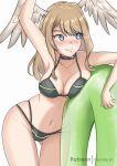 1girl 1girl alluring arm_up big_breasts bikini black_bikini black_choker blue_eyes breast_tattoo breasts_squeezed_together chascoby choker cleavage eunie_(xenoblade) eyebrows_hidden_by_hair head_wings high_res innertube long_hair navel swim_ring swimsuit tattoo white_wings wings xenoblade_(series) xenoblade_chronicles_3