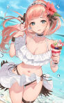 1girl 1girl alluring alternate_costume bikini black_bikini blue_eyes blue_sky choker cleavage day dutch_angle felicia_(fire_emblem) fire_emblem fire_emblem_fates flower food hair_flower hair_ornament haru_(nakajou-28) high_res holding holding_spoon ice_cream intelligent_systems long_hair looking_at_viewer maid_headdress medium_breasts midriff navel nintendo ocean open_mouth outside pink_hair ponytail side-tie_bikini_bottom sky smile spoon swimsuit thigh_strap water_drop white_bikini