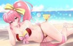 1girl 1girl 1girls alluring bare_legs bare_shoulders beach big_breasts bikini camilitrox_cr cleavage cup fire_emblem fire_emblem:_mystery_of_the_emblem glass hand_to_face intelligent_systems long_hair looking_at_viewer lying lying_sideways midriff nintendo phina_(fire_emblem) pink_eyes pink_hair ponytail red_bikini red_swimsuit seaside see-through solo_female swimsuit veil wide_hips