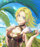 1girl 1girl 1girl absurd_res alluring alternate_costume blonde_hair blue_eyes breasts brown_bikini brown_one-piece_bikini cape cleavage commission earrings female_only fire_emblem fire_emblem:_the_sacred_stones fire_emblem_heroes green_cape high_res jewelry medium_breasts nintendo ocean official_alternate_costume one-piece_bikini outside palm_tree pixiv_commission selena_(fire_emblem:_the_sacred_stones) short_hair smile swimsuit tree upper_body ursla99