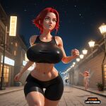 1girl 2_girls 3d absurdress ai ai-created ai_generated big_breasts big_breasts bigboobs bike_shorts crop_top curvaceous ecchi fairy green_eyes midriff mini_girl night original outdoor public red_hair running short_hair shorts sportwear stockings street thick_thighs thigh_gap wide_hips