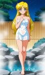 1girl accurate_art_style adult_swim alluring bare_legs barefoot bishoujo_senshi_sailor_moon bishoujo_senshi_sailor_moon_r bishoujo_senshi_sailor_moon_r_the_movie bishoujo_senshi_sailor_moon_s bishoujo_senshi_sailor_moon_s_the_movie bishoujo_senshi_sailor_moon_supers bishoujo_senshi_sailor_moon_supers_the_movie blonde_hair blue_eyes cleavage hot_spring medium_breasts minako_aino naked_towel nightcore_(artist) onsen toei_animation toonami towel_only viz_media wet