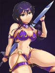 1girl 1girl alluring armlet armor armored_boots bikini_armor black_hair boots collar commission commissioner_upload cosplay fire_emblem fire_emblem:_genealogy_of_the_holy_war gradient_background holding holding_sword holding_weapon intelligent_systems jewelry keldancon kneel larcei_(fire_emblem) metal_collar navel nintendo short_hair sidelocks simple_background smile sword thighlet tomboy vgen_commission weapon