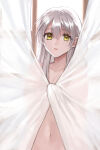 1girl 1girl absurd_res alluring completely_nude covering_breasts covering_privates curtains fire_emblem fire_emblem:_radiant_dawn grey_hair hair_between_eyes hazuki_(nyorosuke) high_res intelligent_systems long_hair looking_at_viewer micaiah_(fire_emblem) navel nintendo nude small_breasts stomach upper_body yellow_eyes